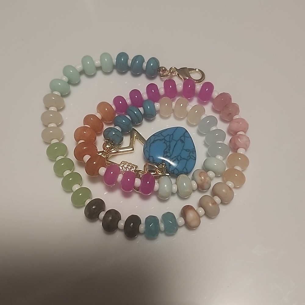 Multicolor real stones necklace Blue Heart Charm - Women Jewelry gold plated 7in